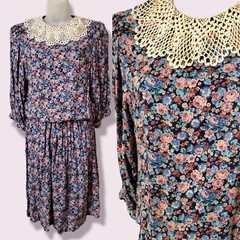 Vintage Jane Schaffhausen Calico Prairie Boho Lace Dress Cottagecore Designer