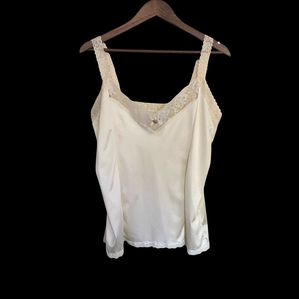 Vintage Beau Trix Ivory Lace Trim Antron III Nylon Camisole Top XL Made in USA