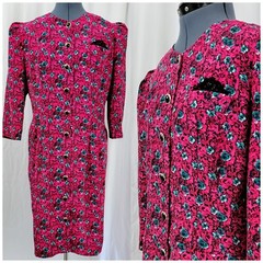 Vintage Petite Jazz Magenta Button Down Dress w Teal & Black Florals Size 14