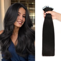 JESSBO 20″ Tape In Remy Human Hair Extensions Natural Black 20pcs 50g Seamless