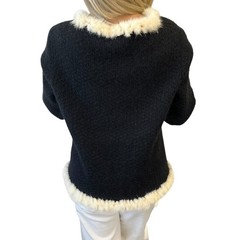 CHANEL Vintage 03A CC Logo Button Fur Trim Knit Jacket #42 Black White Mohair