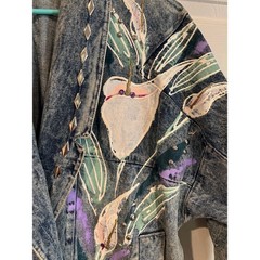 Vintage Hand Painted Blue Acid Wash Floral Studded Denim Jacket SMALL Maximalist