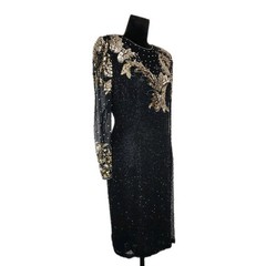 VTG Nite Line Silk Beaded Sequin Cocktail Dress Sz 16 Black Gold Sheer Sleeve