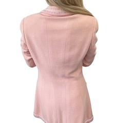 CHANEL Vintage 94A CC Logo Button Tweed Jacket Skirt Set #38 Wool Pink Fringe