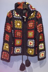 Womens Large Granny Square Cardigan Full Zip Vintage Hooded, Carole Little 1990