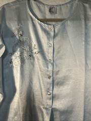 Eve Stillman Blue Satin Vintage 70s Night Shirt With Rosette Size M
