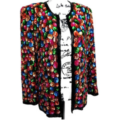 Vtg Beaded Sequin Silk Statement Jacket Medium Black Colorful Dopamine Festival