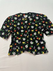 Vtg Stuart Alan Peplum Floral Top Short sleeve V-neck Shoulder Pads Black Size10