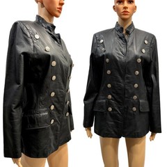 Vintage Virginia Slims V Wear Black Leather Military Jacket Silver Buttons XS S