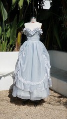 Vtg 80s Gunne Sax Blue Polka Dot Prom Princess Off Shoulder Dress Gown Xs