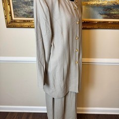Vintage Longline Skirt Suit Taupe Greige Gold Crest Buttons 2 Piece Set L/XL