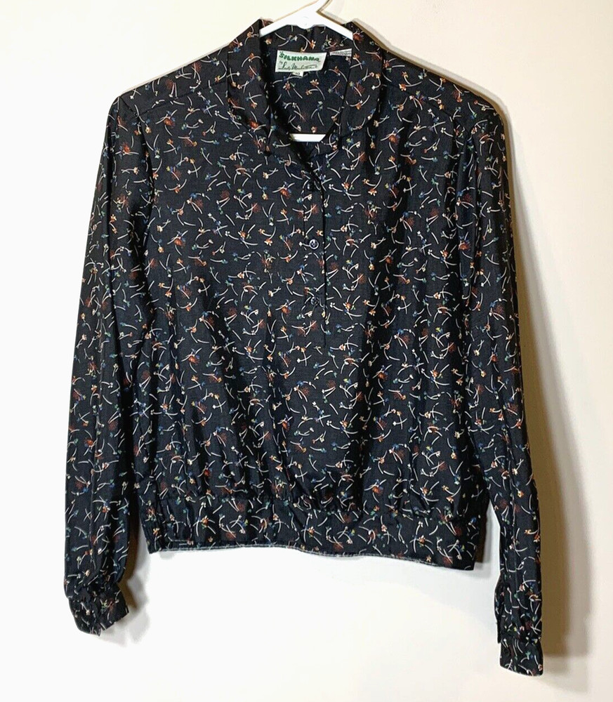 Lady Manhattan Blouse Womens 10 Black Vintage 70s Silkhana Floral Pullover
