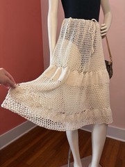 VTG 70s Crochet Midi Skirt Boho Festival Beach Cover Up Ivory Cotton Drawstring