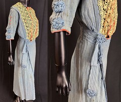 Edwardian Titanic Era Blue Striped Cotton Ivory Lace Pink Velvet Trim Dress VTG