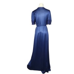 Vintage Flair Robe Women Small Navy Blue Satin Eyelet Lace Trim Maxi Wrap