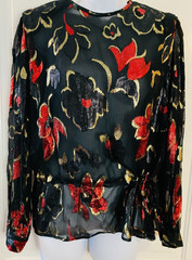 Vintage LLOYD WILLIAMS Sheer Blouse Black with Black, Gold & Red Floral shiny