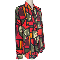 Retro 80s Top Vintage Boho Colorblock Geometric Print Blouse Sz 18 Made in USA