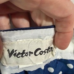 Vintage Victor Costa Polka Dot Dress Ruffle Puff Sleeve Blue White Midi Large