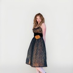 1950s Whimsygoth Black and Orange Lacey Party Dress with Velvet Waist and Rose