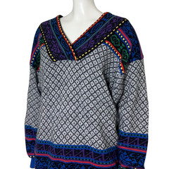 Vintage 90s European Colorful Boho Retro Art Sweater Wool Blend V Neck Medium