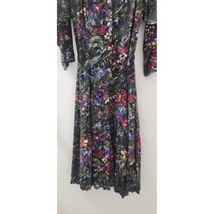 Vintage Oscar Too! Women Floral Rayon Button Front Midi Dress Belted Black Sz 10