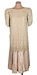 Vintage 80s JC Penny Drop waist Nude Peach satin lace Prom Dress Size 10 Gatsby