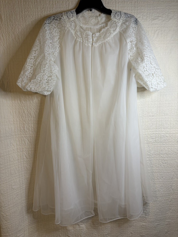 Vintage Vanity Fair Peignoir Lace Puff Sleeve Sheer Tricot Double Layer Robe 40