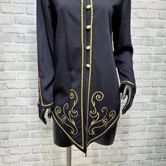 Vintage 80s D. Frank Womens 6 Black Split Front & Tail Gold Trim Button Blazer