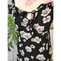 Vintage Angie Black White Floral Rayon Sundress Medium Boho Cottagecore