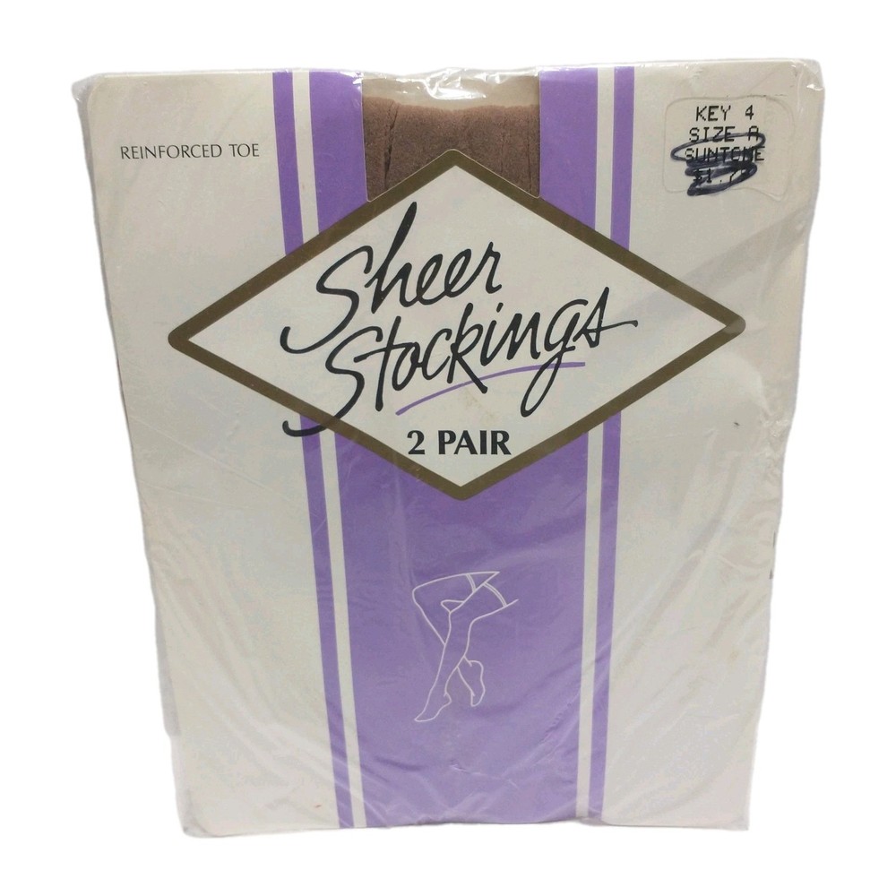 Vtg K-Mart 2 Pair Nylon Garter Seamless Stockings “Suntone Sz A” Reinforced Toe