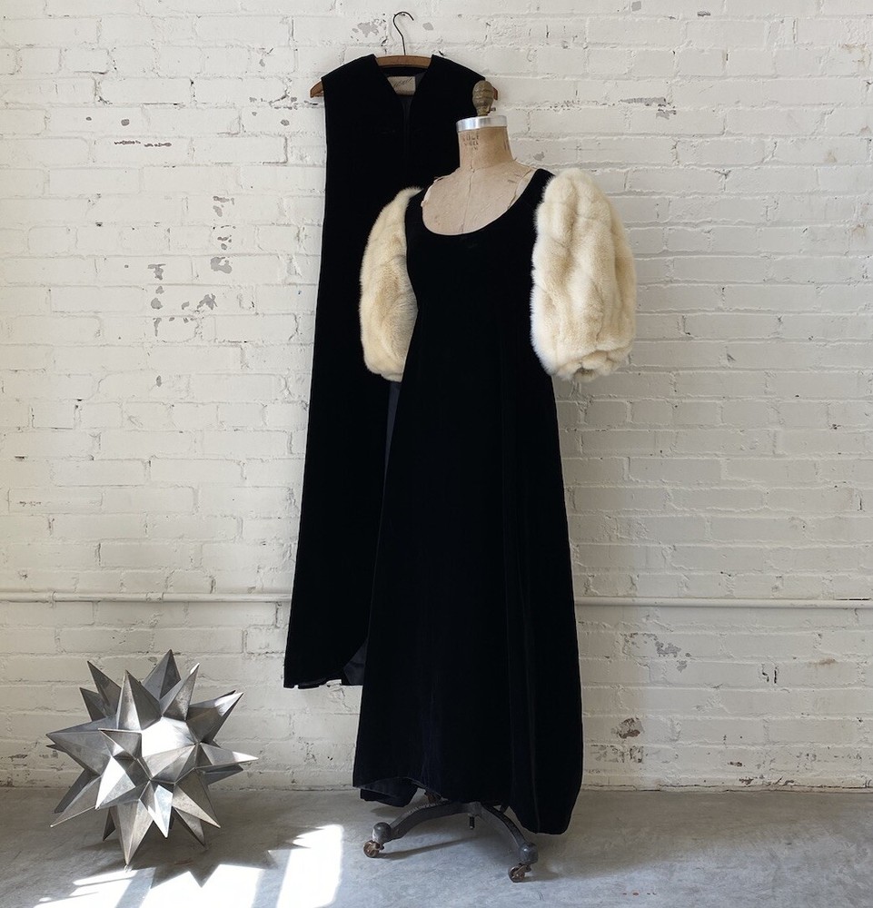 Vintage 1953 Irene Lentz Black Velvet Mink Sleeve Evening Gown Vest 50s Designer