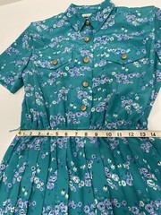 Leslie Fay Short Sleeve Dress Vintage 10P Teal With Blue Flowers Shoulder Pads