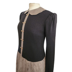 Vintage 80s CIAO Dress Drop Waist Black Knit Gray Faux Suede / M