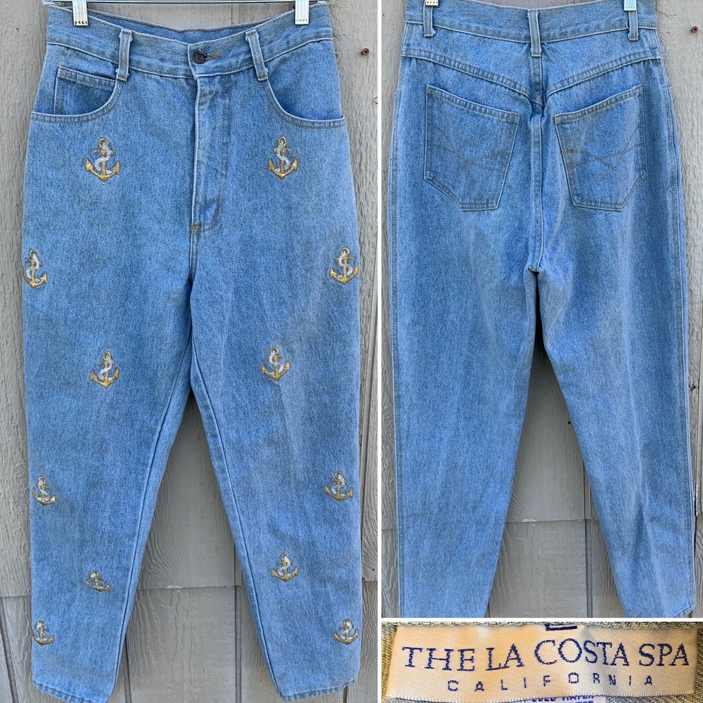 vintage high waist tapered leg jeans embroidered anchor anchors sz 12 28” waist