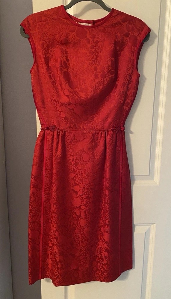 Vintage 1959s Red Satin Brocade Wiggle Dress Size Small