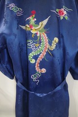 E3 vintage Golden Bee Rayon Blue Brocade Chinese Robe M Hand Embroidered Belted