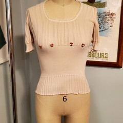Nod to 1930s/40s Era Styling: Knitted Cream Color Sweater Blouse w/ Rosettes