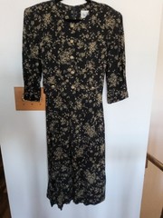 Vintage Peri Petites Black & Gold Floral Dress – Buttons – Size 14 Petite Dress