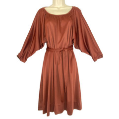 Vintage 1970s brown midi dress L silky dolman 3/4 sleeve pullover A line