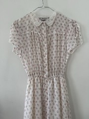 70s Rosebud Floral Midi Dress Pointed Lace Collar/Flutter Sleeve Prairie Cottage