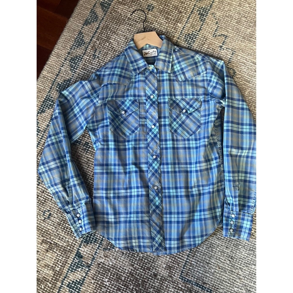 Vintage Wrangler Western Cowgirl Shirt Cool Blue Pearl Snap XXS