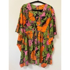 Vintage Basila Kaftan Mini Dress Tunic Psychedelic Floral Orange Kaftan 70s Mod