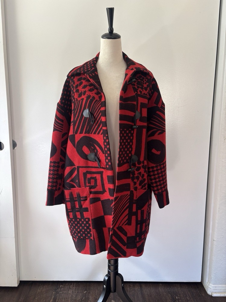 Vintage 80s Betty Jackson Red and Black Linen Coat Duster Sz L