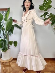 VTG 70s Lace Bib Crochet Trim Cotton Prairie Maxi Dress XS/S Cottagecore