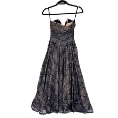 Vintage 1950s Navy Pink Floral Net Lace Tulle Halter Party Dress Velvet Bows