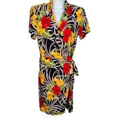 Vintage Tropical Floral Wrap Dress 8 beach cover tropical 90s tiki USA retro