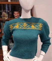 Vintage 1940s Bird Teal Soft Wool Knit Sweater