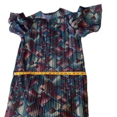 80s Vintage Pleated Geometric Ruffle Art Deco Midi Dress Purple Blue Sz 8P