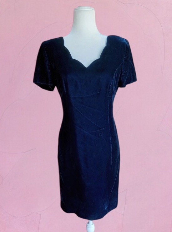 Vtg Ann Taylor Navy Blue Velvet Dress 90s Scalloped Whimsical Rayon Cocktail 4