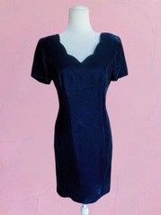Vtg Ann Taylor Navy Blue Velvet Dress 90s Scalloped Whimsical Rayon Cocktail 4